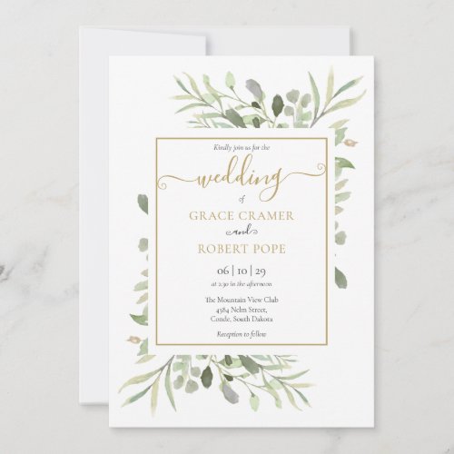 Elegant Greenery Gold Geometric Script Wedding Invitation