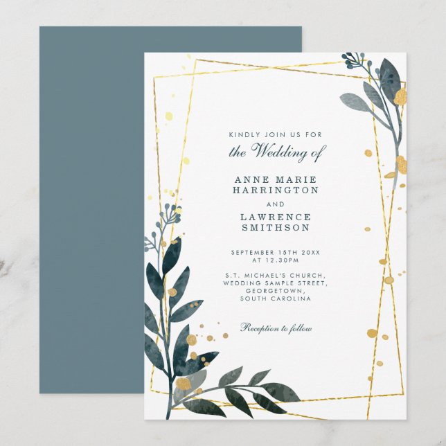 Elegant Greenery Gold Geometric Wedding Invitation (Front/Back)