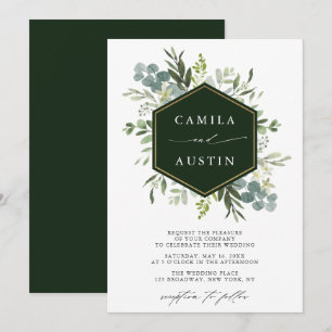 Elegant Greenery Gold Hexagon Wedding Invitation