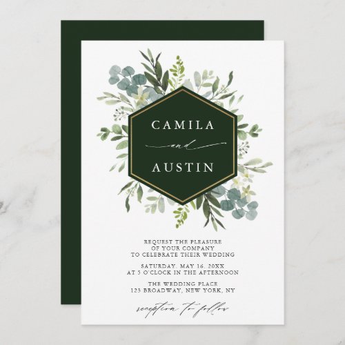 Elegant Greenery Gold Hexagon Wedding  Invitation