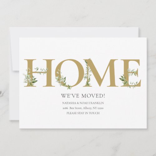 Elegant Greenery Gold Home Moving Announcement