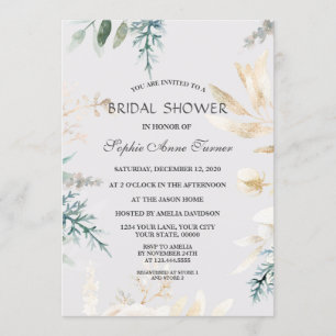 Elegant Greenery Gold Leaves Bridal Shower Invitation