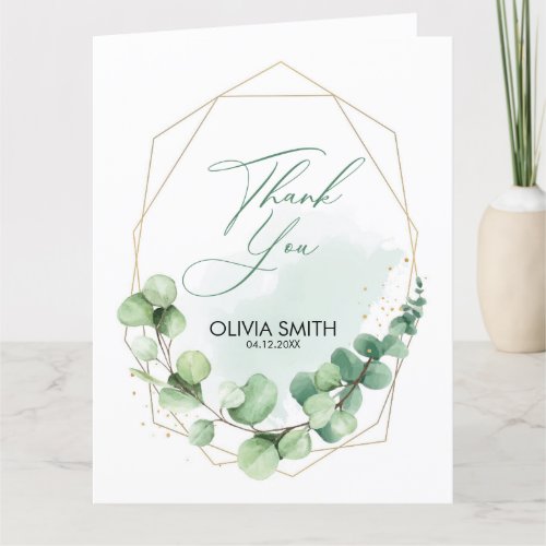 Elegant greenery gold lines eucalyptus wedding tha thank you card