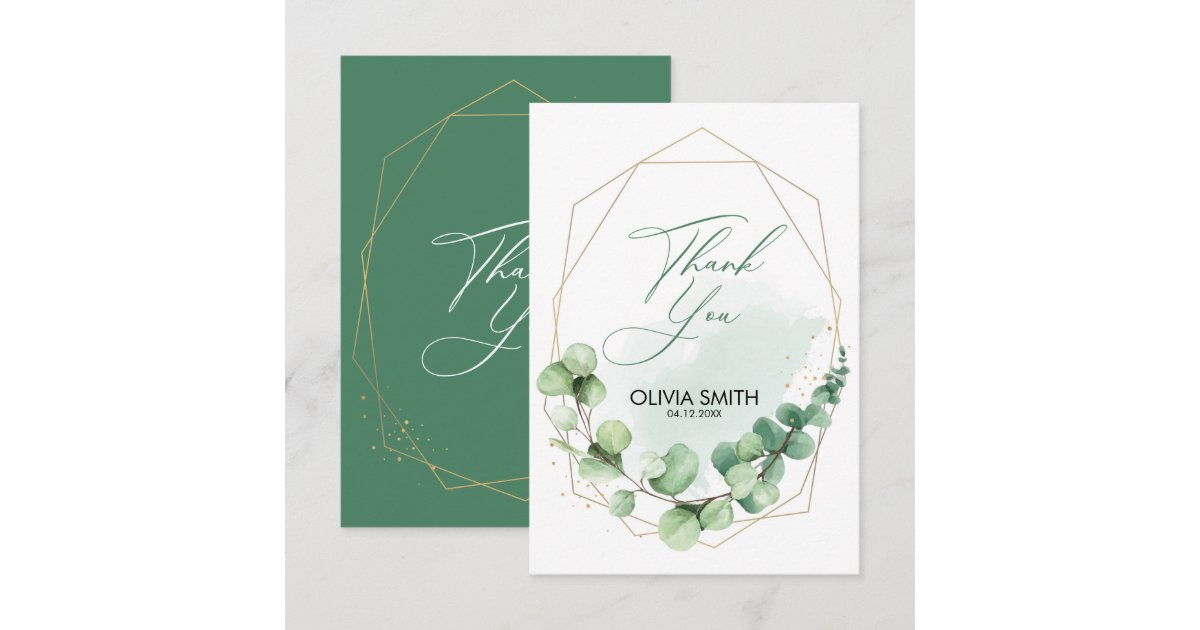 Elegant greenery gold lines eucalyptus wedding thank you card | Zazzle