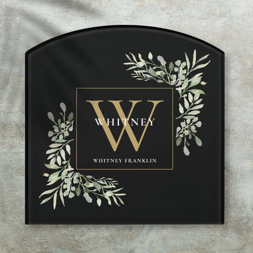 Elegant Greenery Gold Monogram Black Door Sign