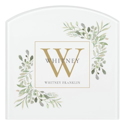 Elegant Greenery Gold Monogram Door Sign