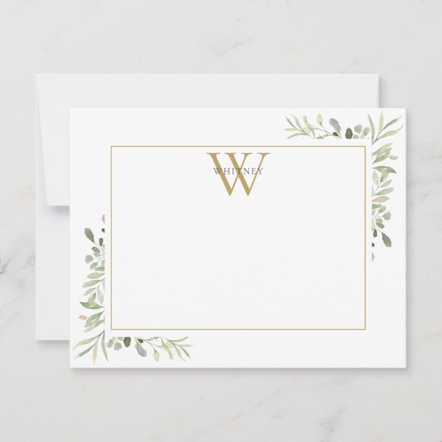 Elegant Greenery Gold Monogram Note Card (Front)