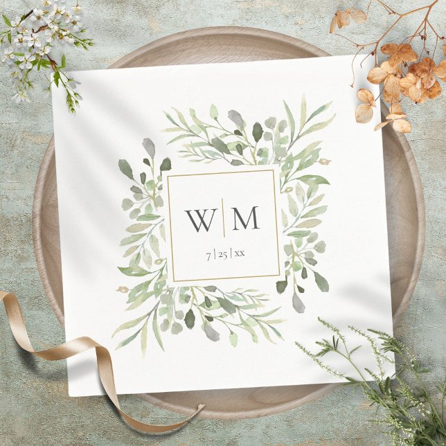 Elegant Greenery Gold Monogram Wedding Napkins (Elegant Greenery Gold Monogram Wedding Napkins)