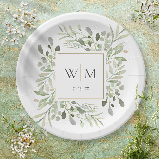 Elegant Greenery Gold Monogram Wedding Paper Plates (Creator Uploaded)