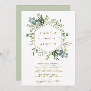 Elegant Greenery Gold Script Hexagon Wedding  Invitation