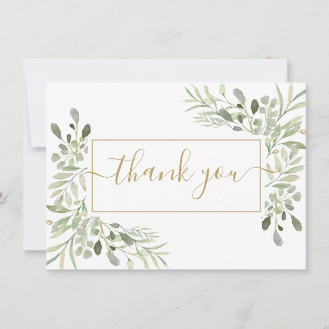 Elegant Greenery Gold Script Thank You Card (Front)