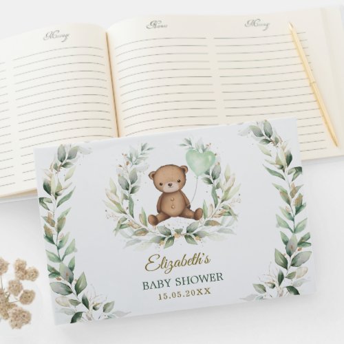 Elegant Greenery Gold Teddy Bear Baby Shower Guest Book