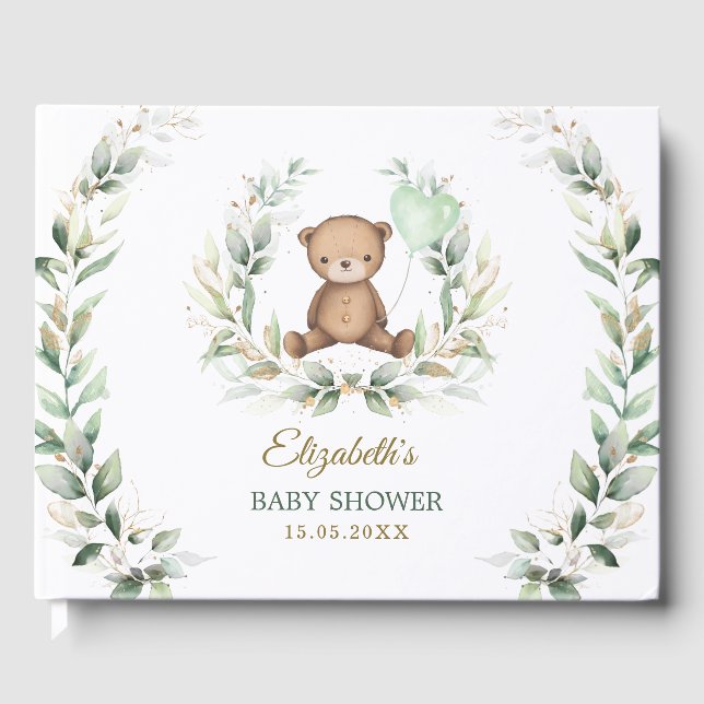 Elegant Greenery Gold Teddy Bear Baby Shower Guest Book (Front)