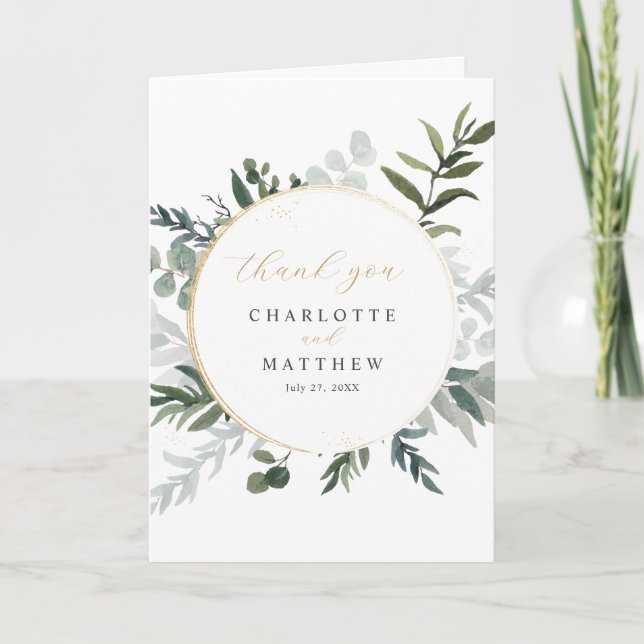 Elegant Greenery Gold Thank You Card (Front)