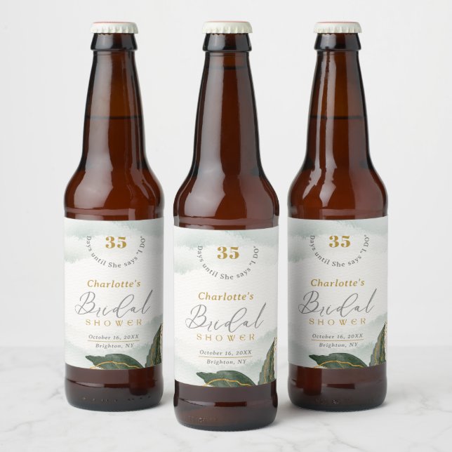 Elegant Greenery Gold Watercolor Bridal Shower Beer Bottle Label (Bottles)