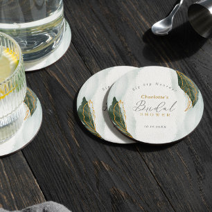 Elegant Greenery Gold Watercolor Bridal Shower Round Paper Coaster
