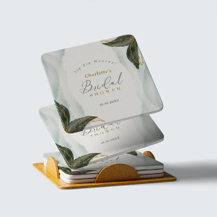 Elegant Greenery Gold Watercolor Bridal Shower Square Paper Coaster