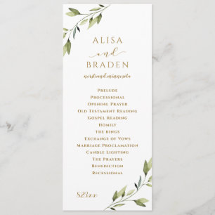 Elegant Greenery & Gold Watercolor Foliage Wedding Program