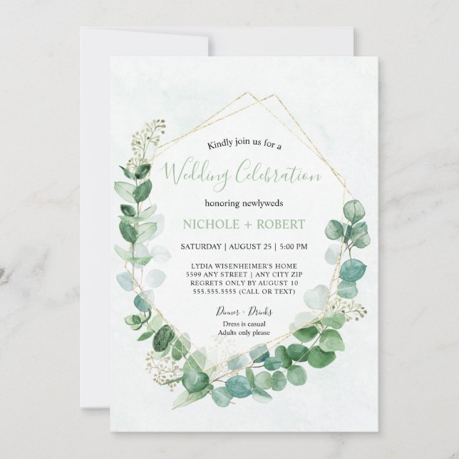 Elegant Greenery + Gold Wedding Celebration Invitation (Front)
