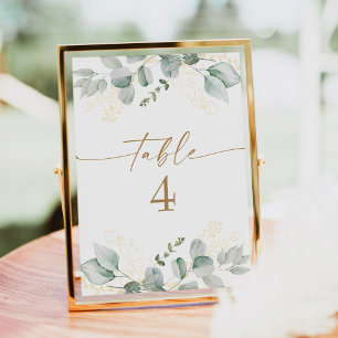 Elegant Greenery & Gold Wedding Table Number Cards