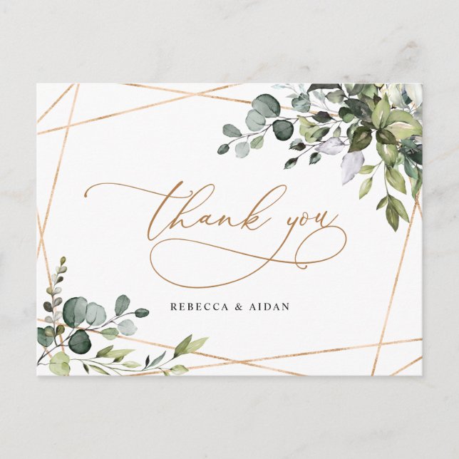 Elegant Greenery Gold Wedding Thank You Postcard (Front)