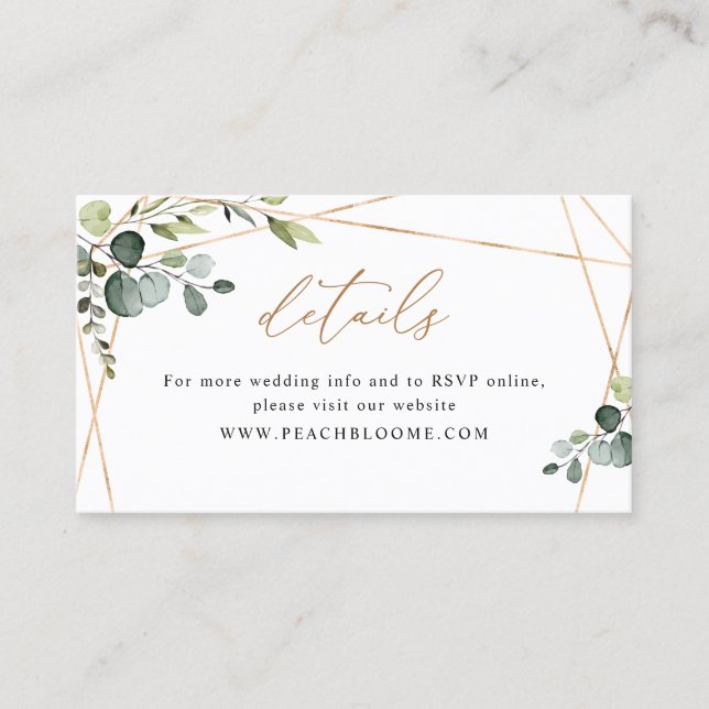 Elegant Greenery Gold Wedding Website Details Card (Front)