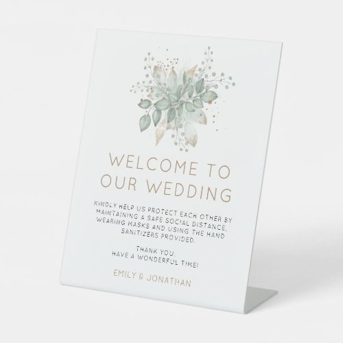 Elegant Greenery Gold Wedding Welcome COVID Safety Pedestal Sign