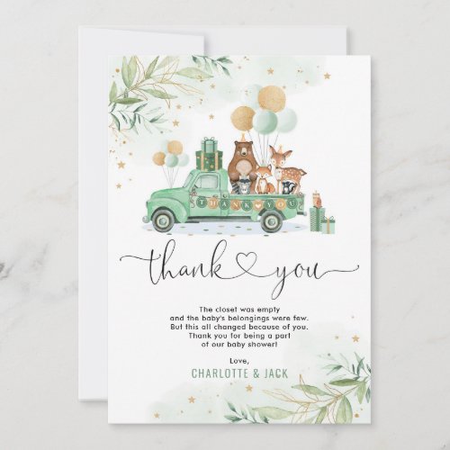 Elegant Greenery Gold Woodland Forest Baby Animals Thank You Card