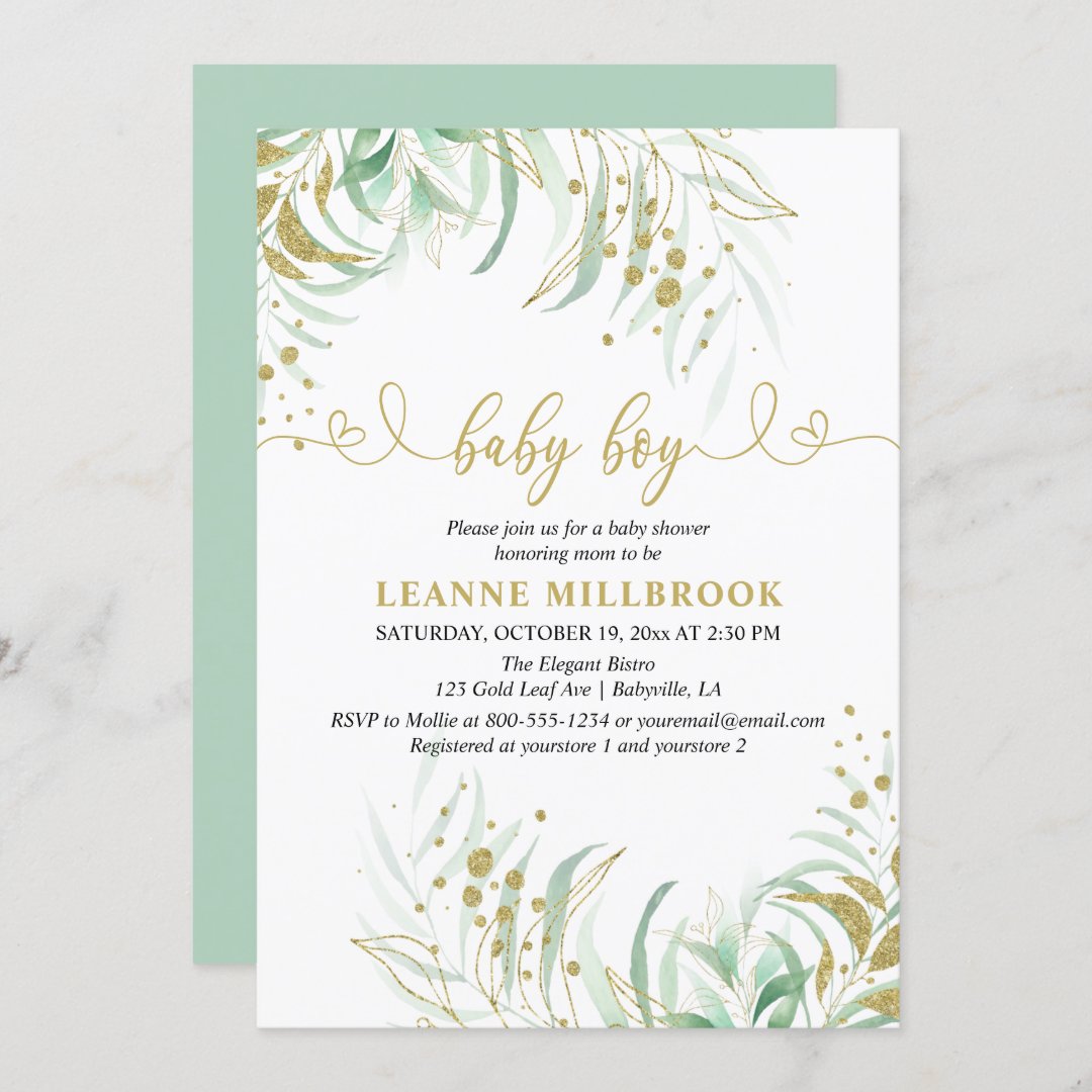 Elegant Greenery Green and Gold Boy Baby Shower Invitation | Zazzle