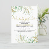 Elegant Greenery Green and Gold Girl Baby Shower Invitation (Standing Front)