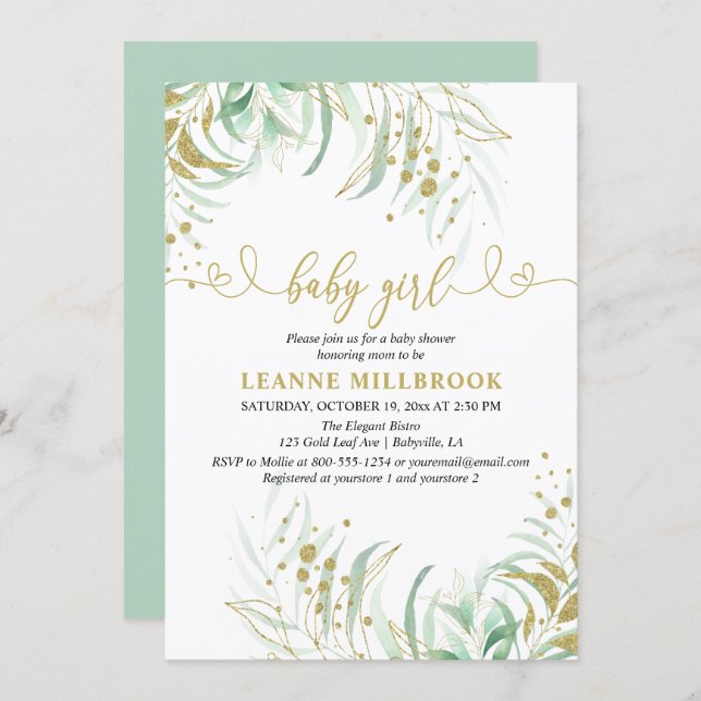 Elegant Greenery Green and Gold Girl Baby Shower Invitation (Front/Back)