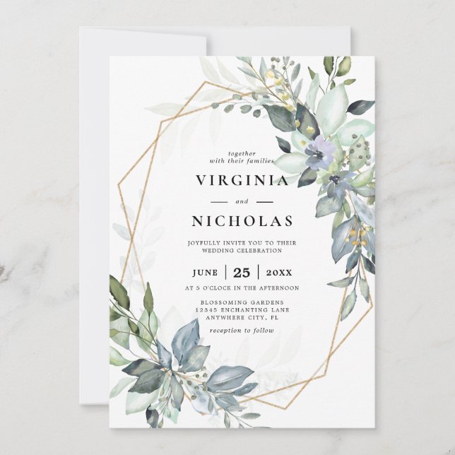 Elegant Greenery Green & Gold Geometric Wedding Invitation (Front)