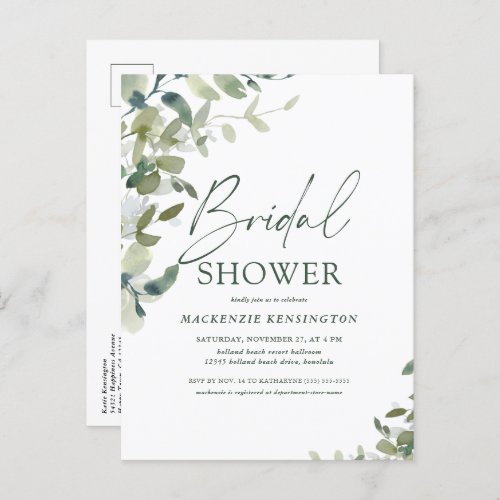 Elegant Greenery Handwritten Script Bridal Shower Invitation Postcard