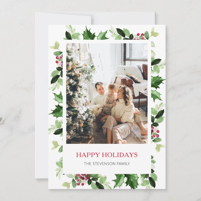 Elegant Greenery Happy Holidays Photo Holiday Card (Front)