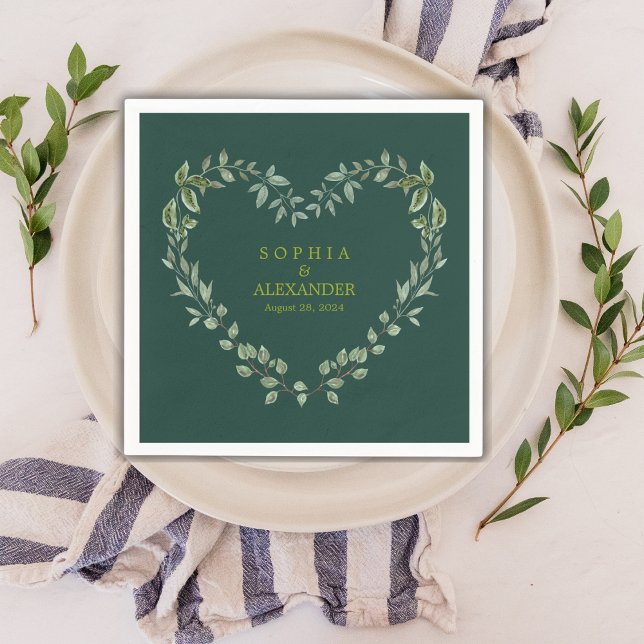 Elegant Greenery Heart Wedding Personalized Napkins (Elegant Greenery Heart Wedding Personalized Emerald Green Napkins)