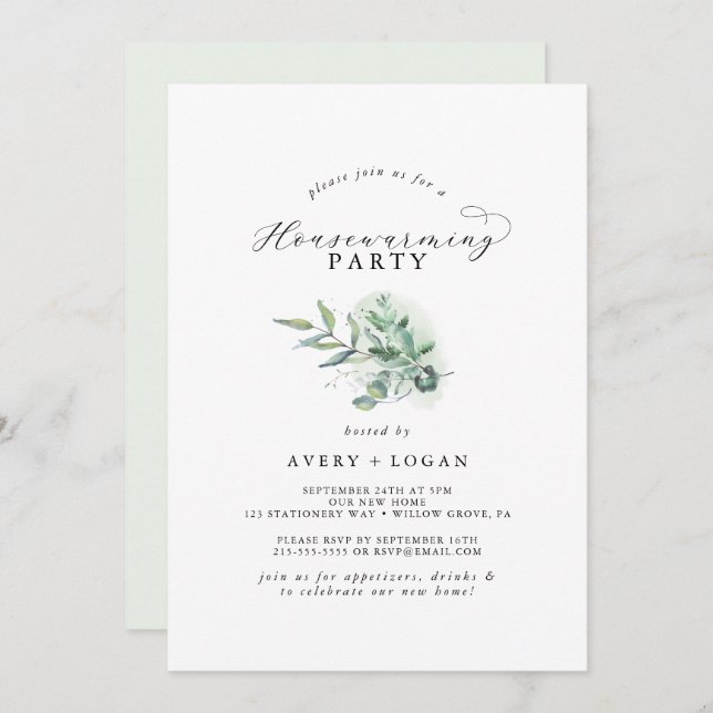 Elegant Greenery Housewarming Party Invitation (Front/Back)