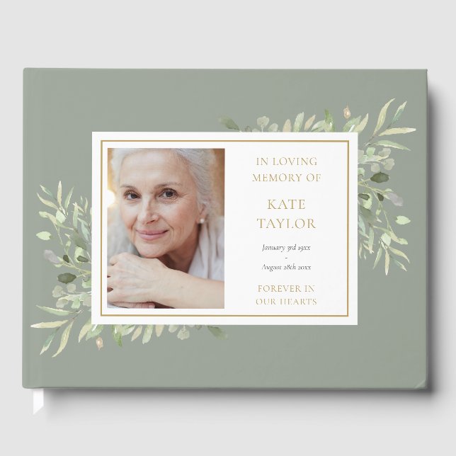 Elegant Greenery In Loving Memory Photo Funeral Guest Book (Front)