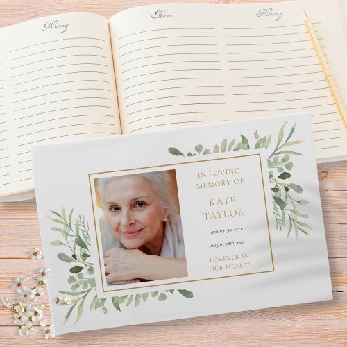 Elegant Greenery In Loving Memory Photo Funeral Guest Book