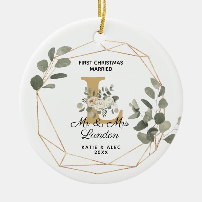 Elegant Greenery Initial 1st Christmas Married Ceramic Ornament (Front)