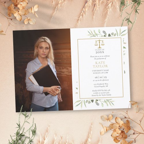 Elegant Greenery Law School Graduation Photo Invitation