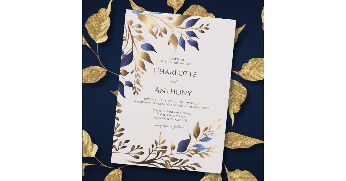 Elegant Greenery Leaf Blue Gold Modern Wedding Invitation | Zazzle