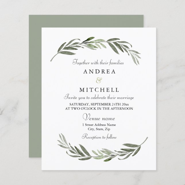 Elegant Greenery Leaf Budget Wedding Invite (Front/Back)