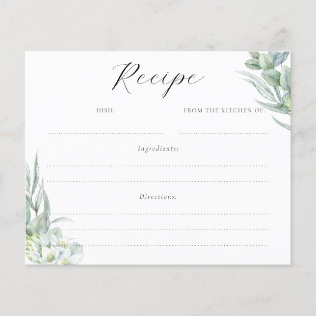 Elegant Greenery Leaves Bridal Shower Recipe Card (Front)