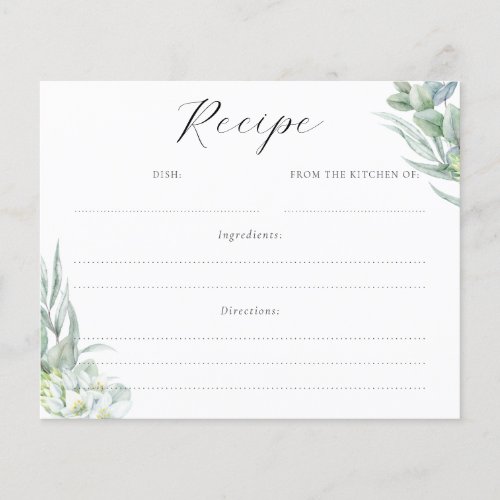 Elegant Greenery Leaves Bridal Shower Recipe Card