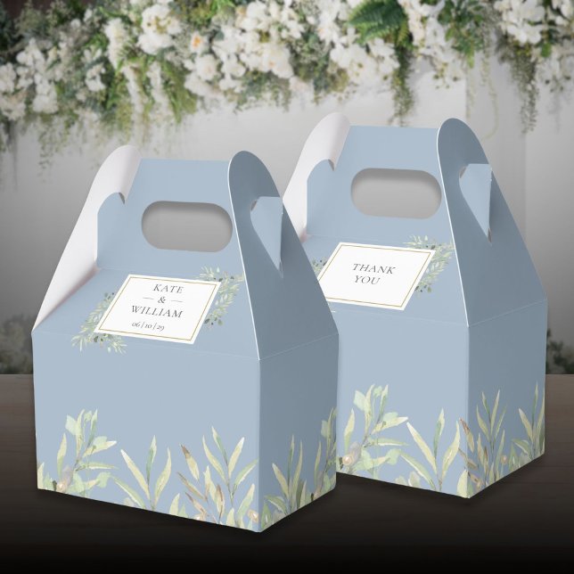 Elegant Greenery Leaves Dusty Blue Wedding Favor Boxes (Elegant Greenery Leaves Dusty Blue Wedding Favor Boxes)