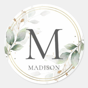 ELEGANT Greenery Leaves Gold Monogram (editable) Classic Round Sticker