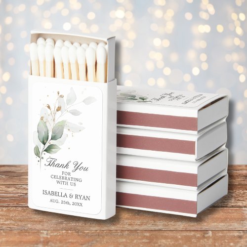 Elegant Greenery Leaves Gold Thank You Matchboxes