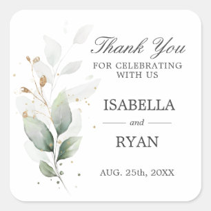 Elegant Greenery Leaves Gold Thank You Square Sticker