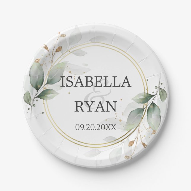 ELEGANT Greenery Leaves Gold Wedding Paper Plate (Front)