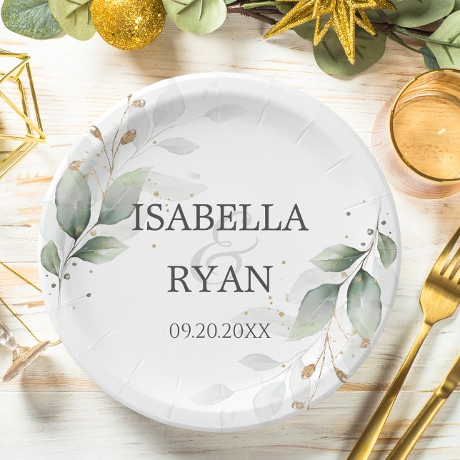 ELEGANT Greenery Leaves Gold Wedding Paper Plates (Creator Uploaded)